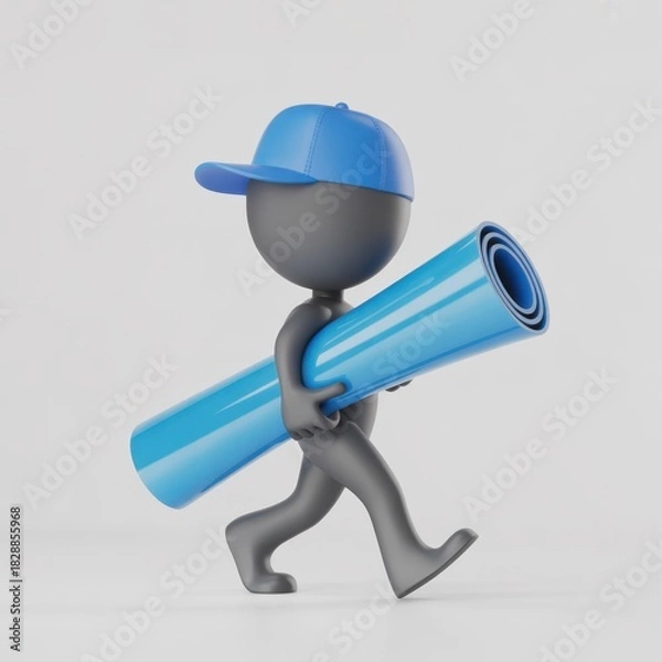 Fototapeta 3d render of a stylized figure in a blue cap carrying a large blue blueprint roll