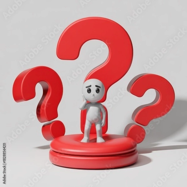 Fototapeta Small white figurine puzzled by giant red question marks in 3d render