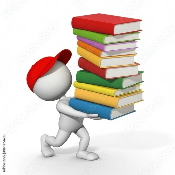 Fototapeta 3d character with red cap carries large stack of colorful books
