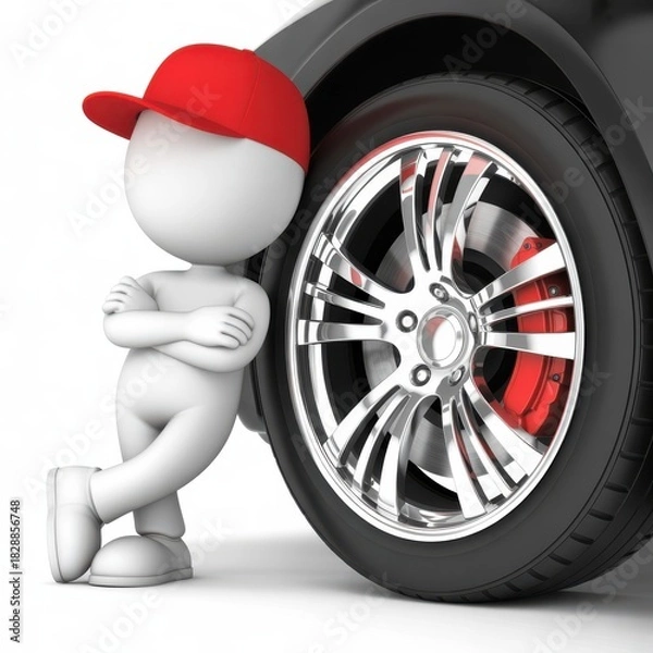 Fototapeta 3d character in red cap leaning on shiny car wheel tire and brake