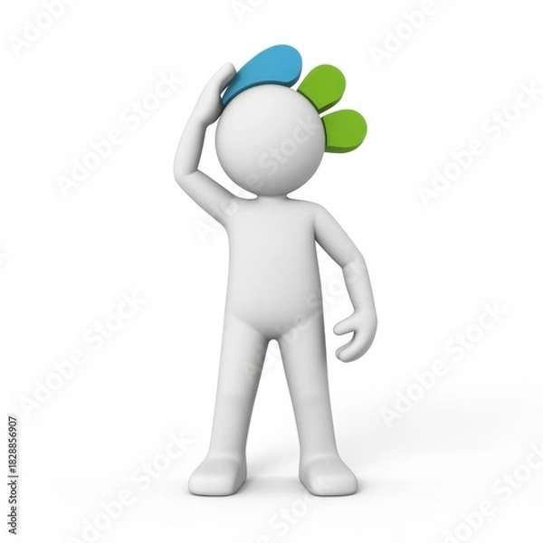 Fototapeta 3d white figure in thoughtful pose with colorful abstract elements on head