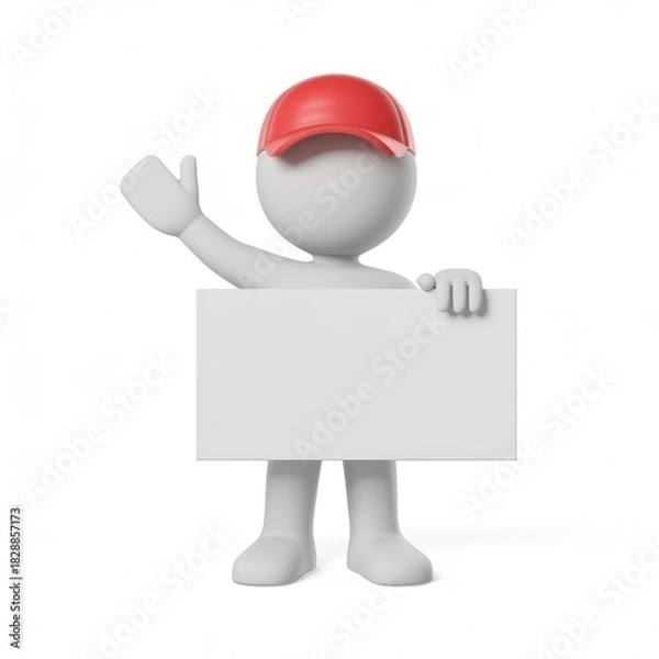 Fototapeta 3d white character with red hat holding blank sign and giving thumbs up