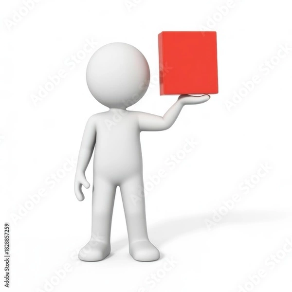 Fototapeta Simple 3d white stick figure holding a red square block against a white backdrop