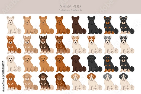Fototapeta Shiba Poo (Poo Shi) clipart. Shiba Inu Poodle mix. Different coat colors set.  Vector illustration