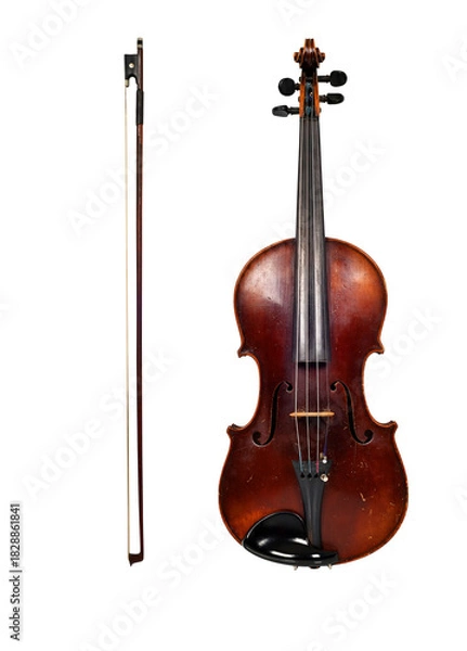 Fototapeta Classical brown violin and bow lying beside