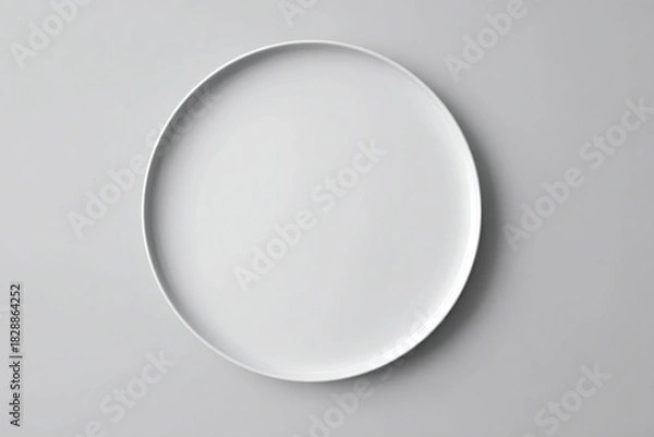 Fototapeta White round plate resting on a gray background, offering minimal copy space for food and culinary design presentations