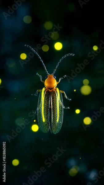 Fototapeta Close-up of a vibrant iridescent beetle with bright yellow striped wings against a dark, magical bokeh background of glowing fireflies at night.