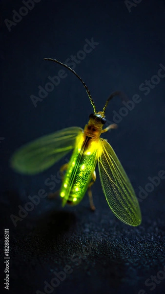 Fototapeta Close-up of a vibrant glowing green firefly emitting bioluminescent light on a dark textured surface, showcasing natural wonder and delicate insect beauty.