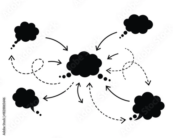 Fototapeta Brainstorming and communication vector illustration with thought bubbles and arrows
