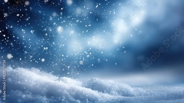 Fototapeta Soft and Ethereal Snowfall in Winter Landscape Featuring Delicate Snowflakes and Dreamy Background with Hazy Blue and White Hues