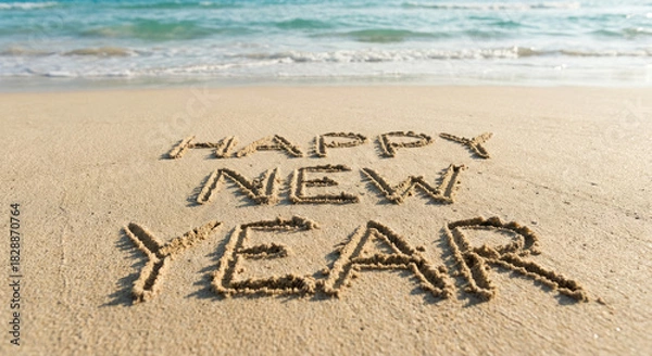 Obraz Happy New Year écrit sur le sable d’une plage tropicale