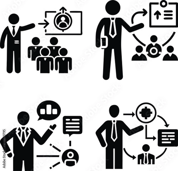 Obraz Four Business Leadership Icons: Manager or Speaker Addressing a Team, Corporate Hierarchy, and Instruction Symbols for Management, Training, and Company Structure