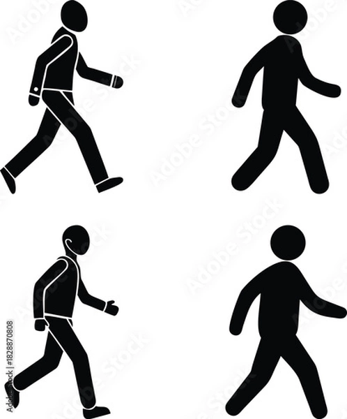 Obraz Four Walking People Silhouette Icons — Pedestrian Symbol Set with Stick Figures and Business Attire Figures for Movement, Directions, Wayfinding, Office Navigation, and Public Signage
