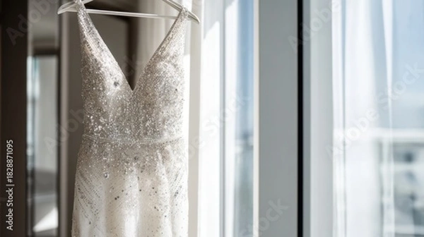 Obraz Elegant bridal gown hanging by a window in bright light