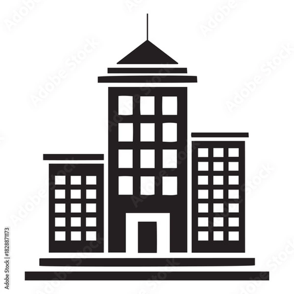 Fototapeta City Building Icon, Black Silhouette Skyscraper Vector for Real Estate and Architecture Design