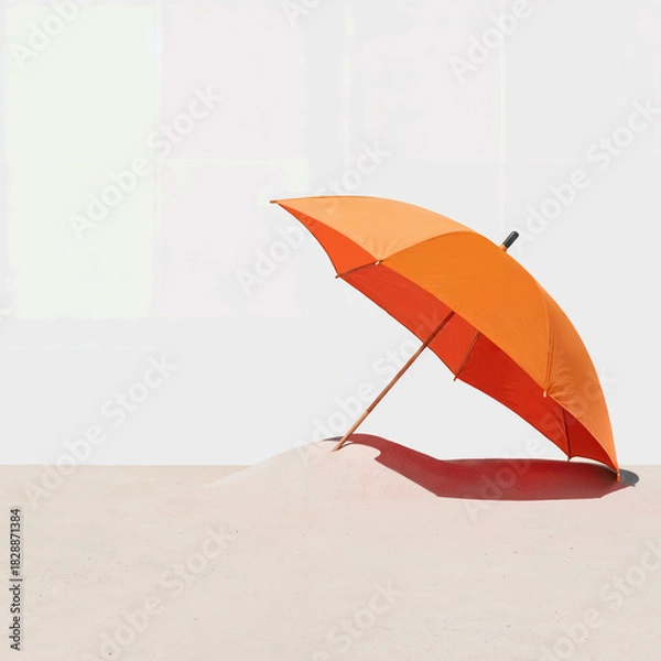 Obraz A vibrant orange umbrella casting a shadow against a stark white wall on a light beige surface