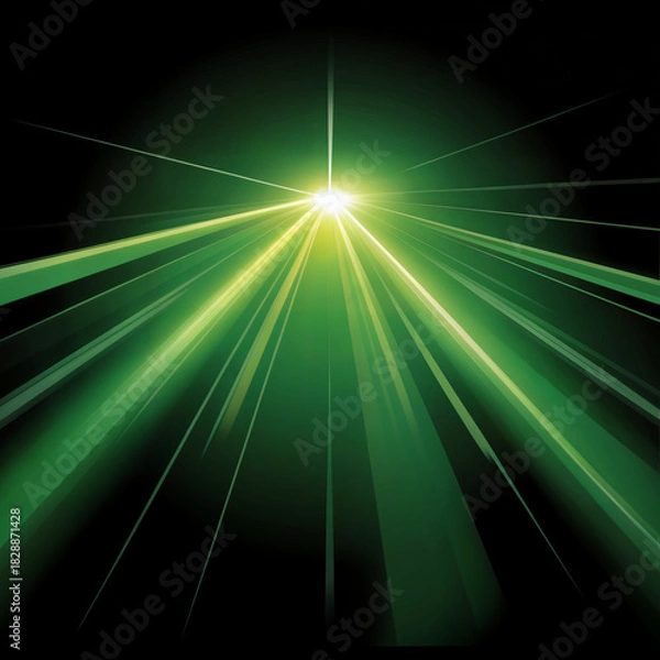 Obraz A green light source emitting rays of light on a black background creating an abstract pattern