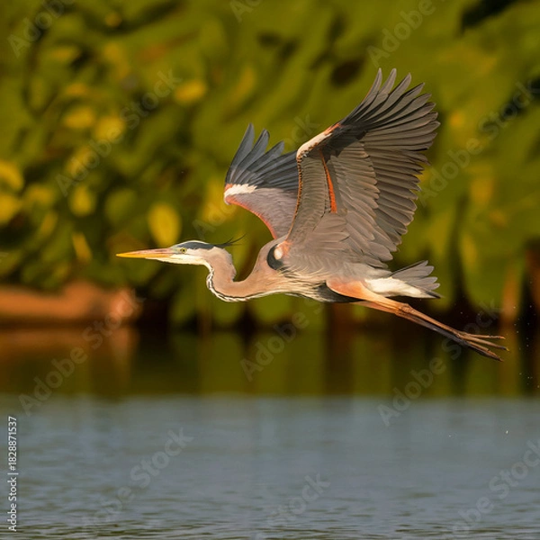 Obraz A great blue heron gracefully soars above the water with its wings fully extended in a moment of flight