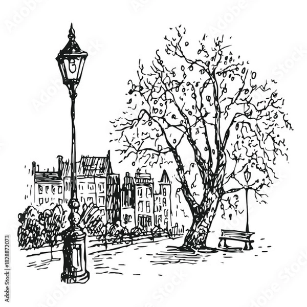 Fototapeta Black and White Ink Drawing of a Street Lamp and Old Town View. Hand-drawn European City Park Scene Sketch.
