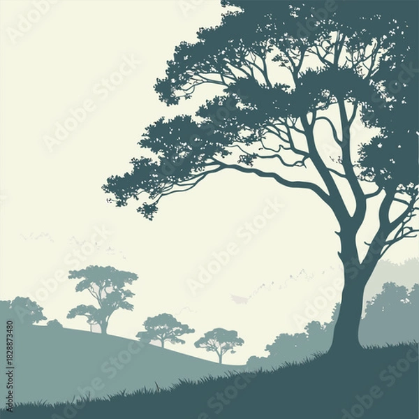 Fototapeta African Savannah Landscape Silhouette with Large Acacia Tree and Distant Hills vector illustration