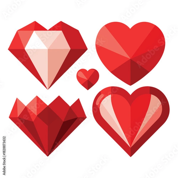 Fototapeta Assortment of red faceted hearts and a diamond shape on white background red hearts geometric heart