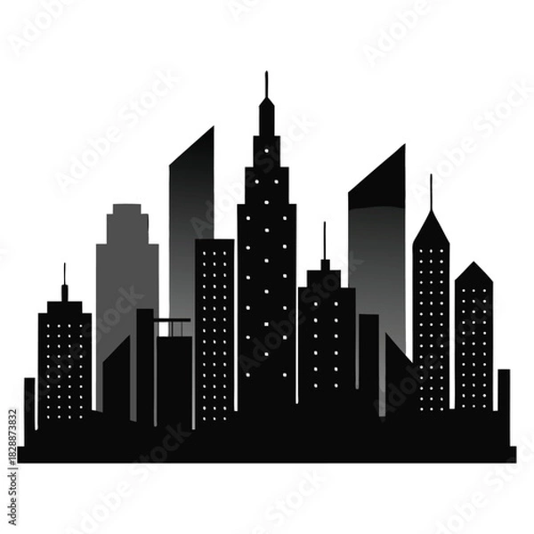 Fototapeta Black and grey silhouette of a city skyline with buildings and windows on a white background skyscrapers