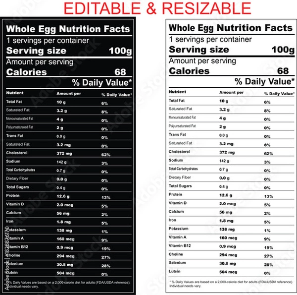 Fototapeta Whole Egg label isolated on white background with daily values, nutrition calculator, nutritional panel, Supplement Facts