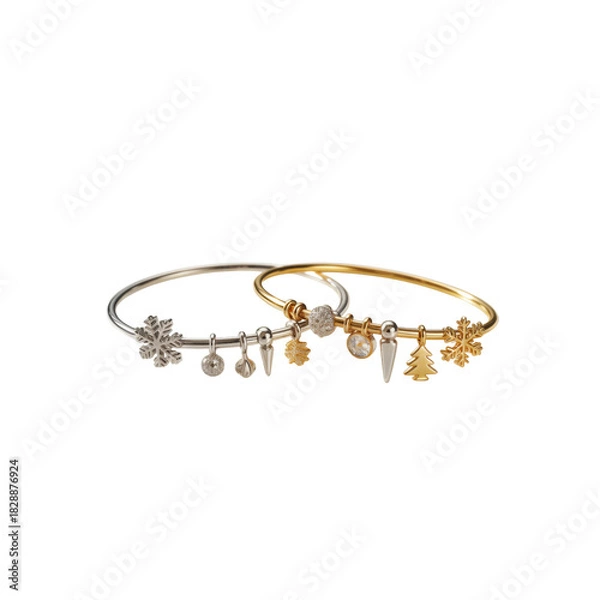 Fototapeta Two delicate charm bracelets with festive holiday charms isolated on transparent background