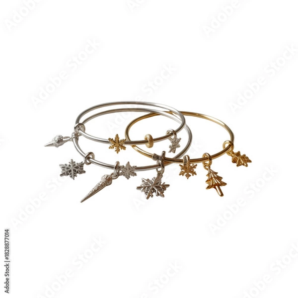 Fototapeta Elegant charm bracelets with snowflake and leaf pendants isolated on transparent background