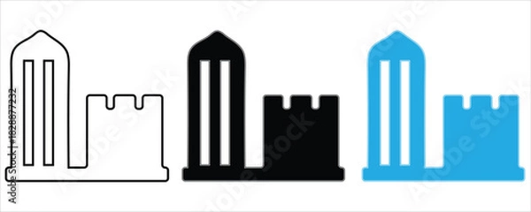 Obraz Building and castle wall icon set in outline, black, and blue variations