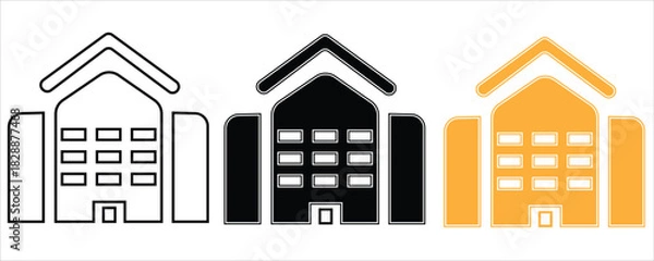 Obraz Stylized building icons set in outline, black, and orange variations