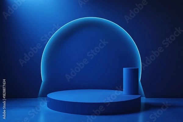Fototapeta Abstract realistic 3d blue cylinder pedestal podium with a dark blue abstract room with semi circle glowing neon lighting scene. Rendering product display presentation. Round podium background