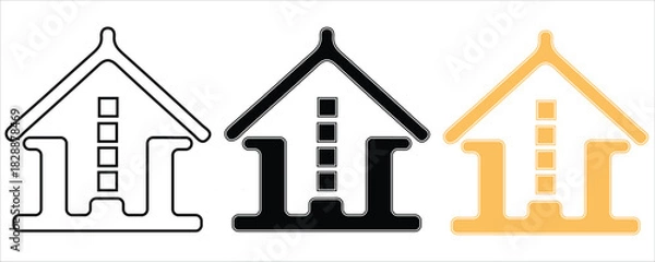 Obraz Three stylized house icons in outline, black, and gold, isolated on white