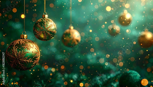 Obraz 深い緑に黄金の光がきらめくクリスマスボケ背景
– Festive Christmas Bokeh Background in Deep Green and Soft Golden Glow