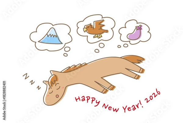 Obraz 2026年午年の年賀状(初夢を見るゆるかわいい馬)