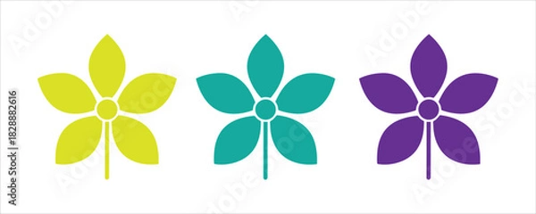 Obraz Set of three colorful floral icons green, teal, and purple fivepetal flowers