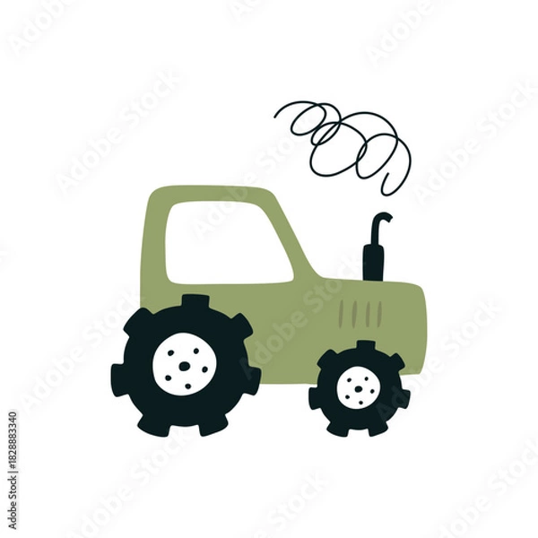 Obraz Cartoon tractor, isolated on white background. Colorful book page design for kids and children.