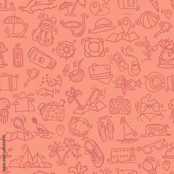Fototapeta Travel and summer seamless pattern, journey and trip background. Adventure time pattern in hand draw style, vector sketch elements on repeatable pattern