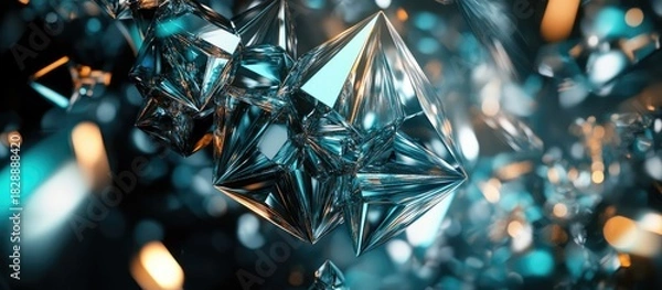 Obraz Abstract Crystal Cluster: Teal and Gold Reflections, Geometric Precision