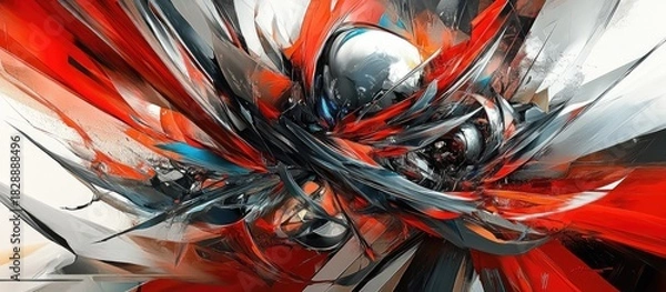 Obraz Abstract Explosion: Dynamic Red, Silver, and Black Digital Artwork