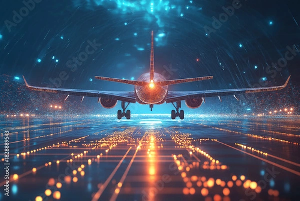 Fototapeta Airplane taking off on a futuristic digital runway