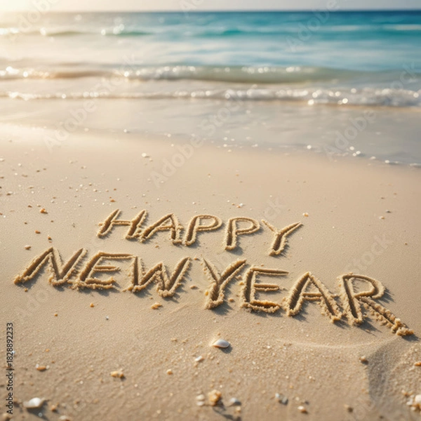 Obraz Happy New Year écrit sur le sable d’une plage tropicale