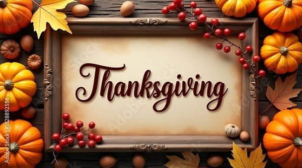 Fototapeta Top-down wooden background scene for Thanksgiving decorative frame bordered by dried leaves, pumpkins, berries, and assorted nuts, with refined calligraphic capital inscription