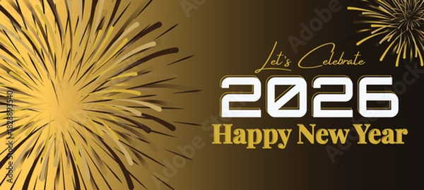 Fototapeta Happy New Year 2026 Banner with Gold Fireworks and Hanging Ornaments on Dark Blue Background