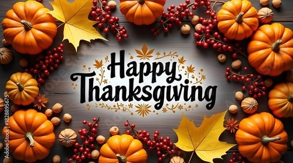 Fototapeta Top-view Thanksgiving composition featuring dry golden leaves, small pumpkins, red berries, scattered nuts, and a decorative frame on wooden boards, with a graceful capital calligraphy greeting