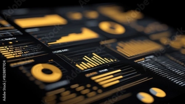 Obraz Abstract data visualization design with bright yellow elements and modern graphs on a black background showcasing statistics and analytical metrics