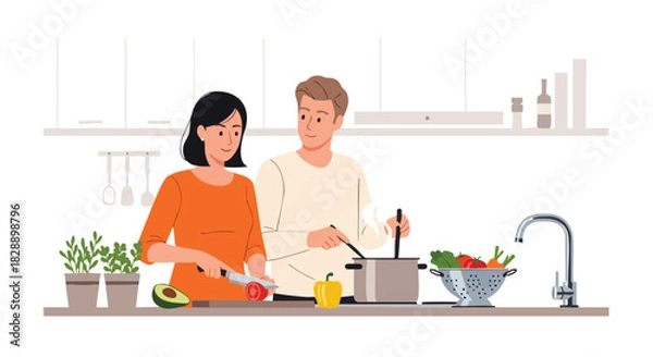 Obraz A couple prepares a healthy meal together in a modern, bright kitchen, with fresh vegetables and cooking utensils, promoting a lifestyle of wellness and domestic harmony.