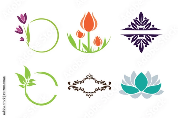 Fototapeta Minimal Eco-friendly nature leaf flower & plant botanical outline vector icon set.