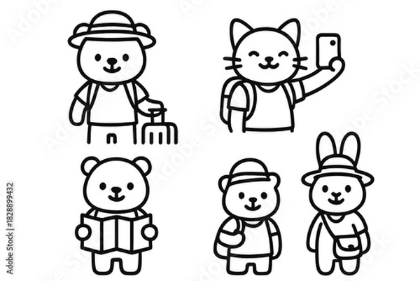 Fototapeta Cute cartoon animal characters traveling set including bears and a cat tourist taking a selfie and reading a map