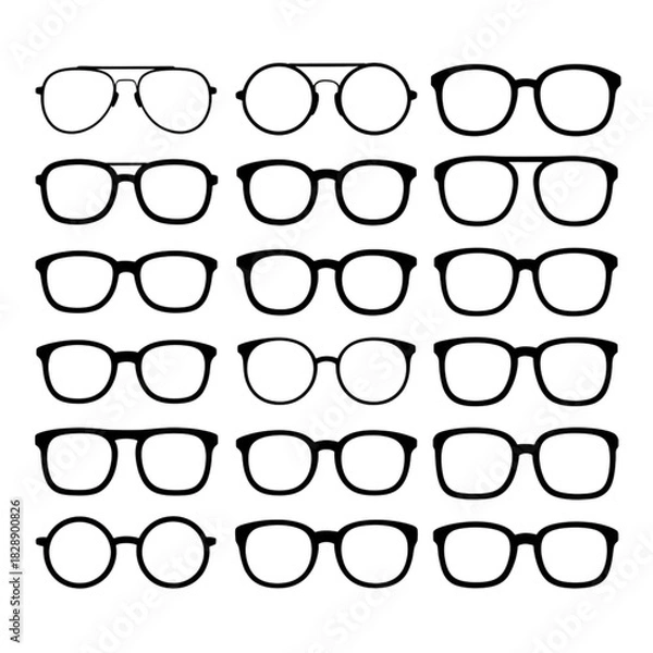 Fototapeta Collection of various black silhouette eyeglasses frames isolated on transparent background